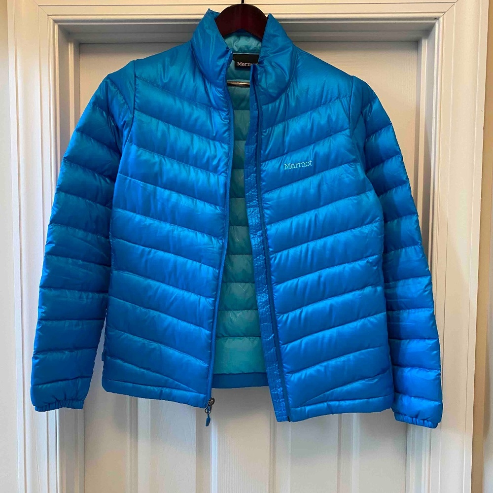 Womens Marmot Large 800 Fill Goose Down Puffer Jacket Coat Teal Blue